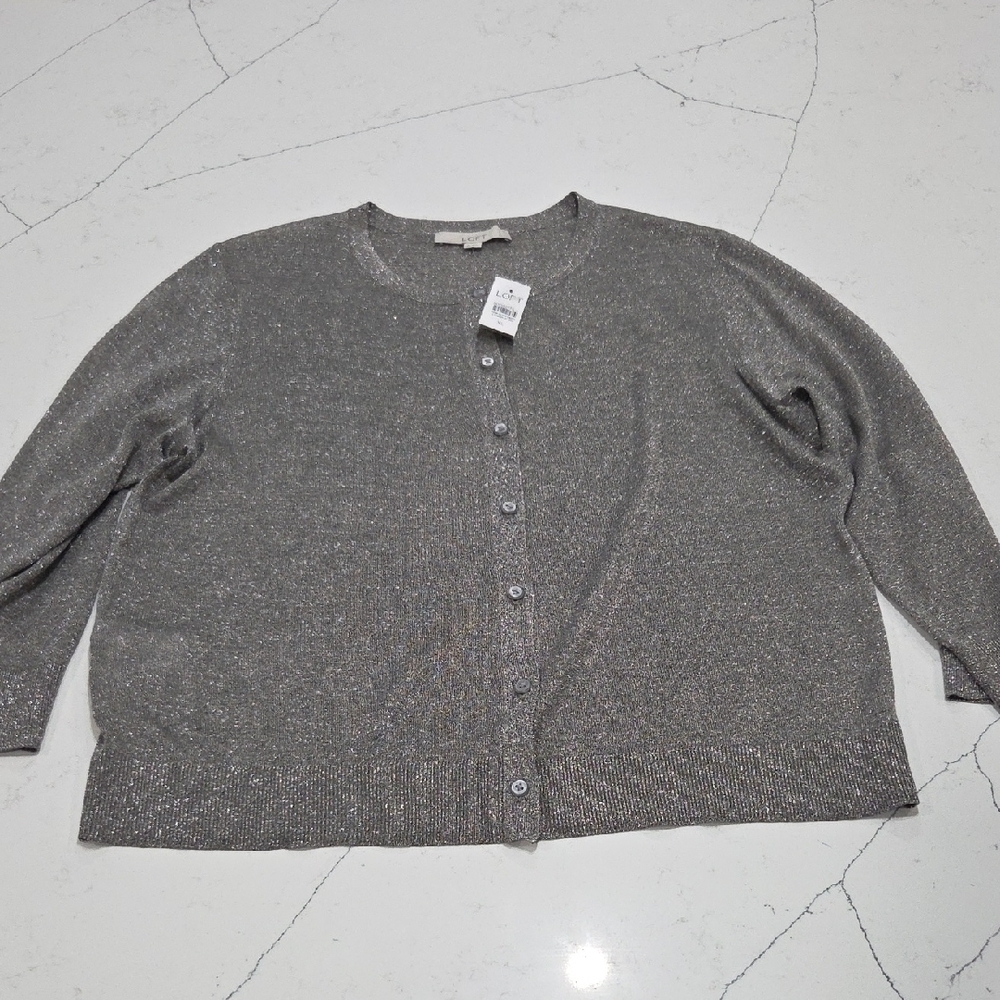 LOFT Shimmering Gray Cardigan 3/4 Sleeves Sz XL New With Tag